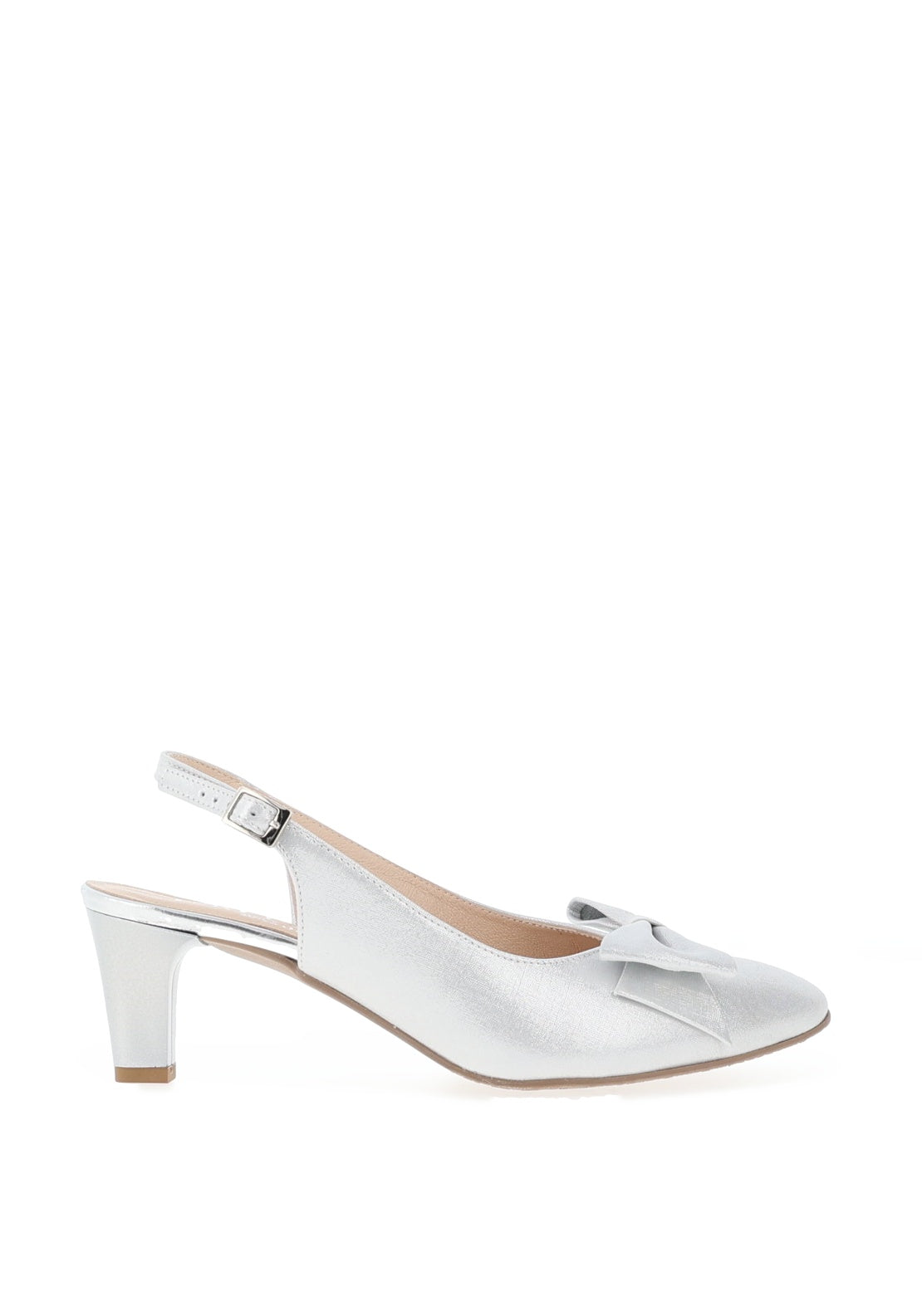Emis Leather Shimmering Bow Sling Back Mid Heeled Shoes, Silver
