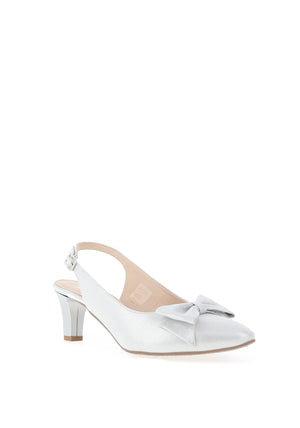 Emis Leather Shimmering Bow Sling Back Mid Heeled Shoes, Silver
