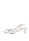 Emis Leather Shimmering Bow Sling Back Mid Heeled Shoes, Silver