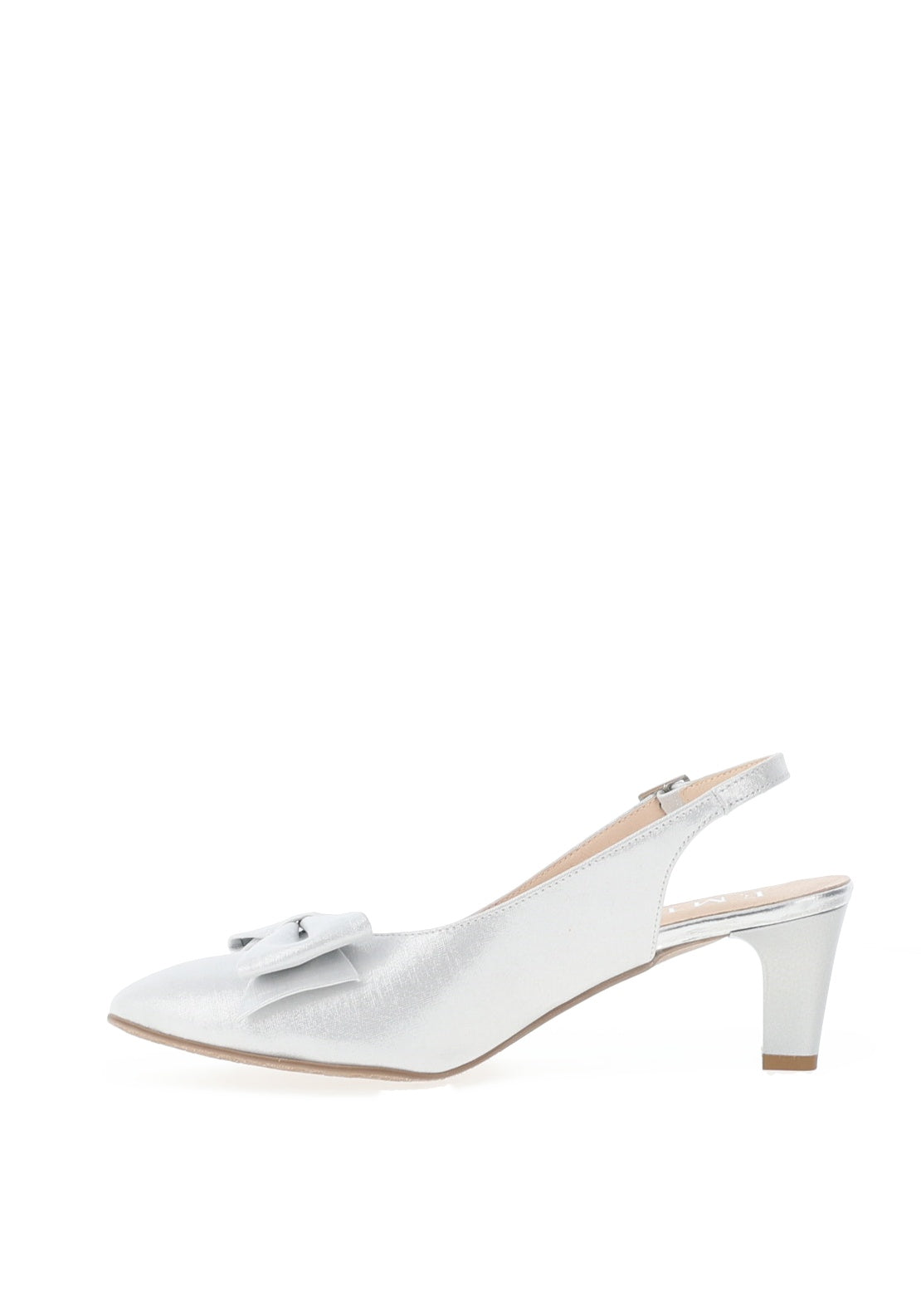 Emis Leather Shimmering Bow Sling Back Mid Heeled Shoes, Silver