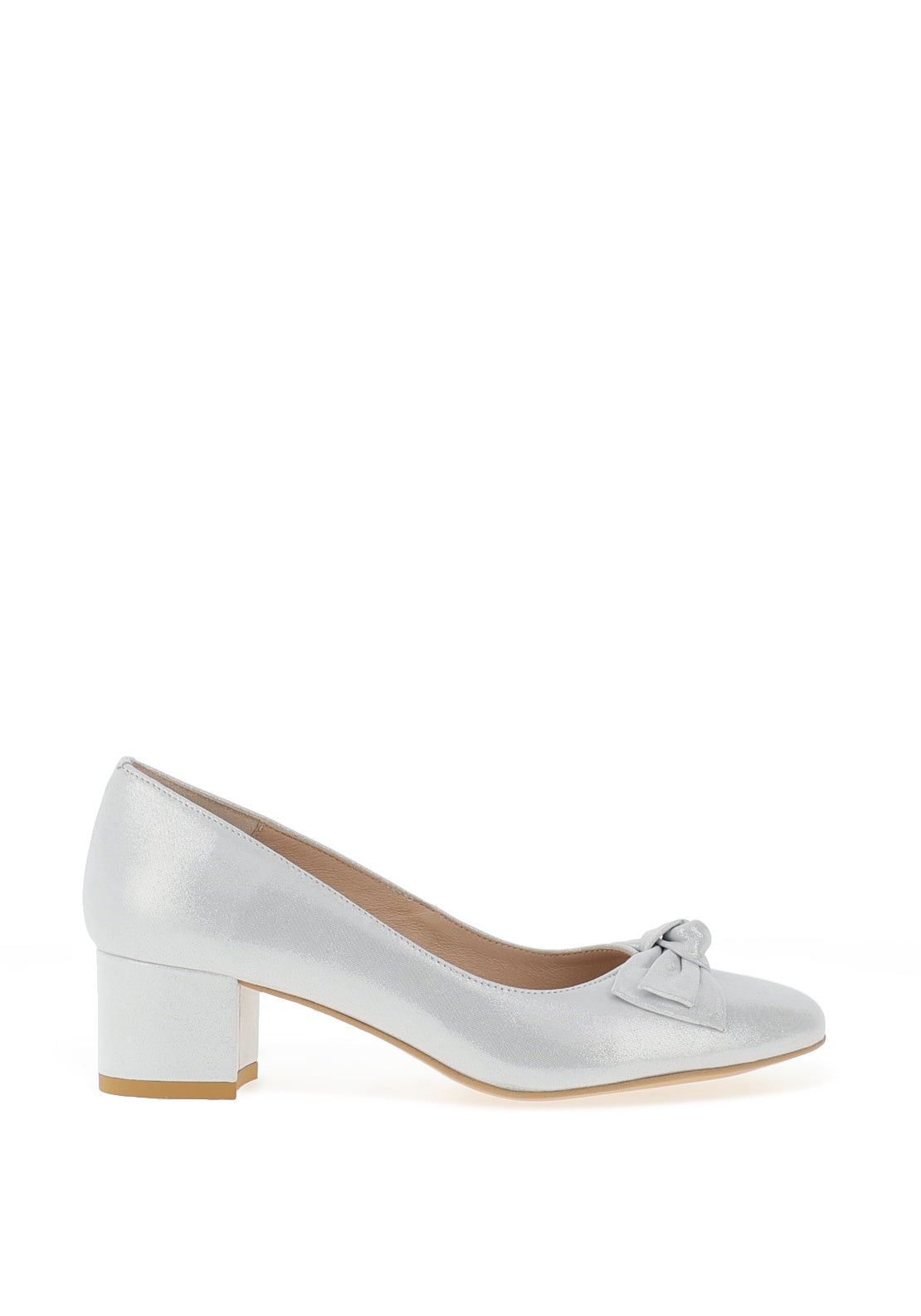 Emis Leather Shimmer Bow Block Heel Shoes, White Silver - McElhinneys