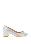 Emis Leather Shimmer Bow Block Heel Shoes, White Silver