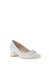 Emis Leather Shimmer Bow Block Heel Shoes, White Silver
