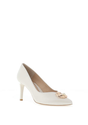 Emis Shimmering Leather Brooch Heeled Shoes, Ecru