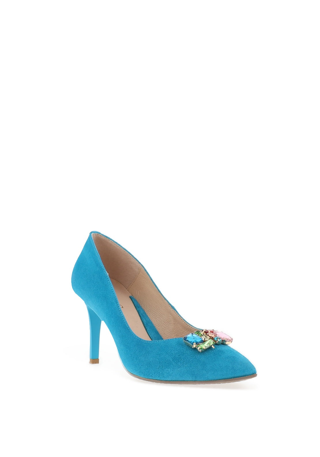 Emis Embellished Detail Suede Heels, Turquoise
