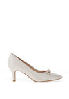 Emis Leather Sparkling Bow Heeled Shoes, Ecru Pearl
