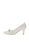 Emis Leather Sparkling Bow Heeled Shoes, Ecru Pearl
