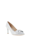 Emis Soft Leather Diamante Bow Heeled Shoes, White Silver