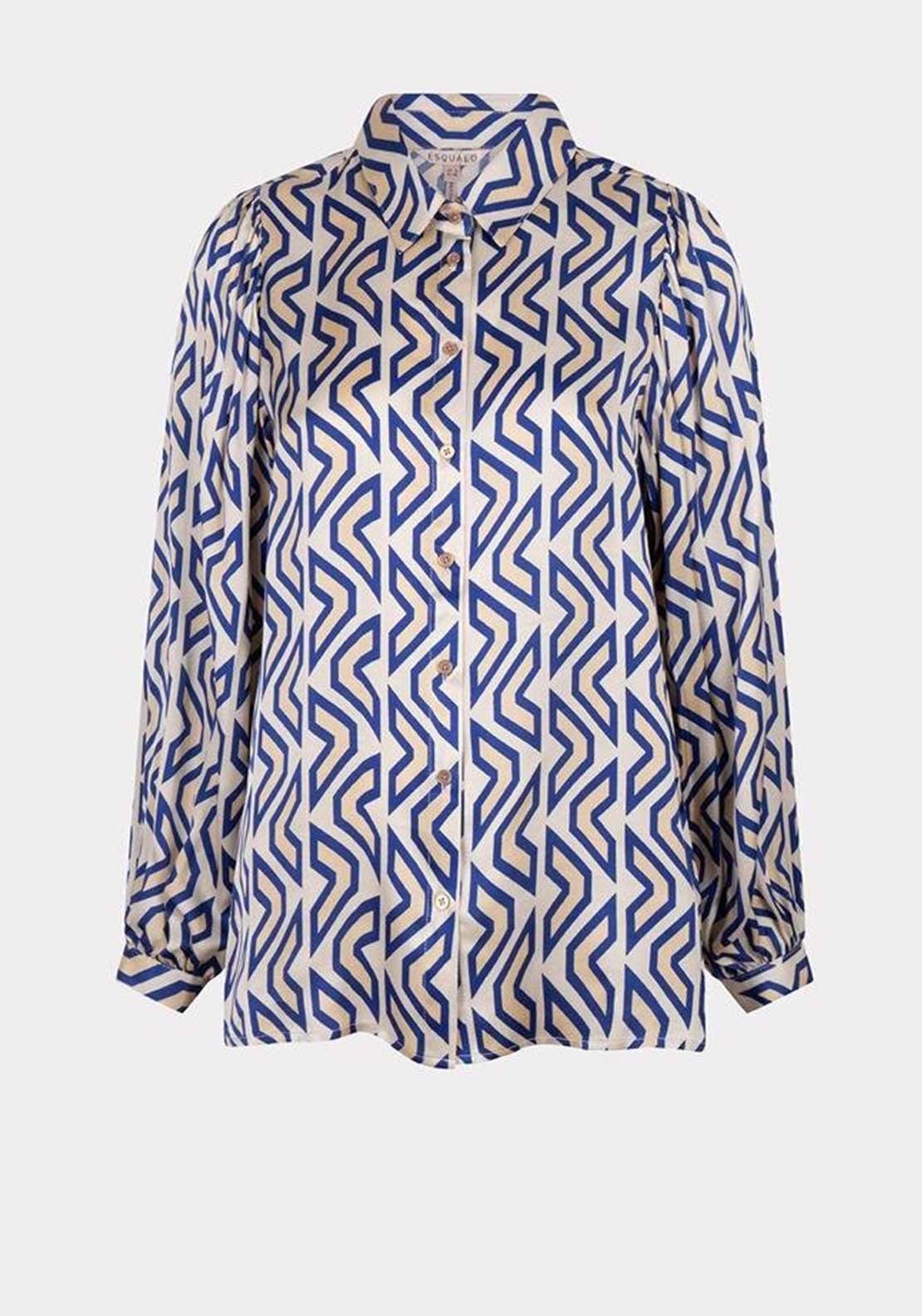 Esqualo Geometric Print Satin Feel Blouse, Blue