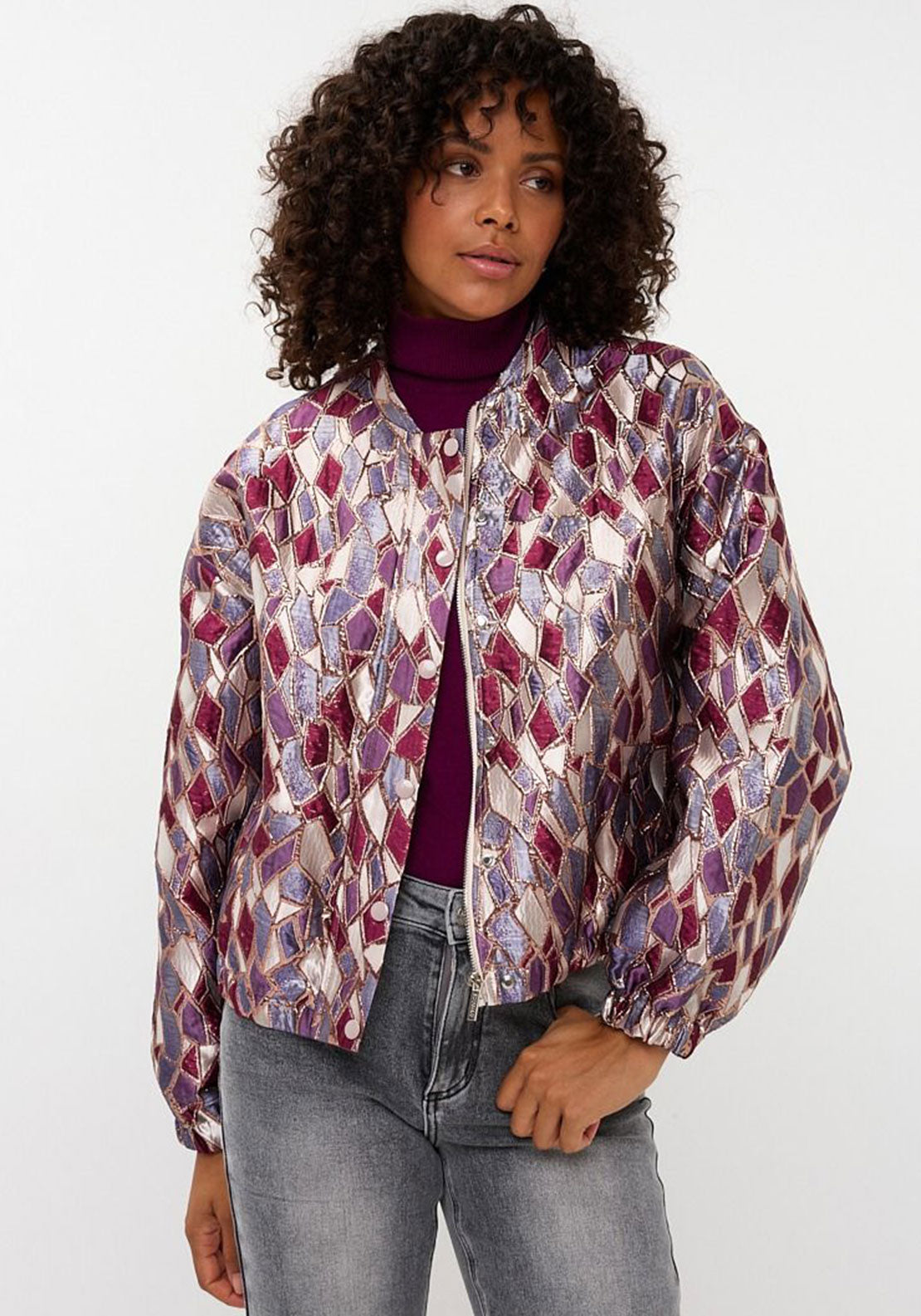 Esqualo Metallic Mosaic Bomber Jacket, Purple Multi