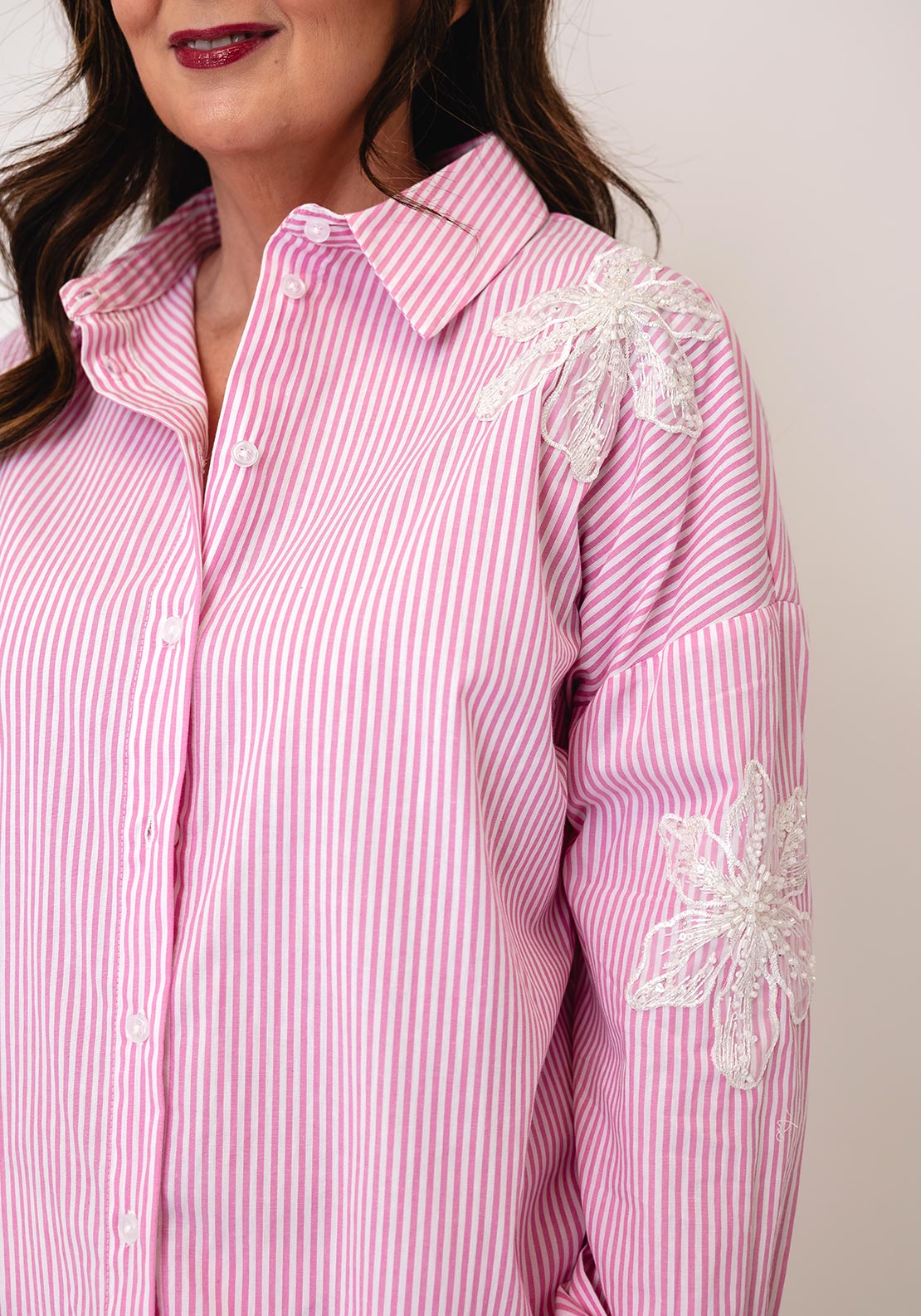 Esqualo Striped With Floral And Bead Detail, Pink