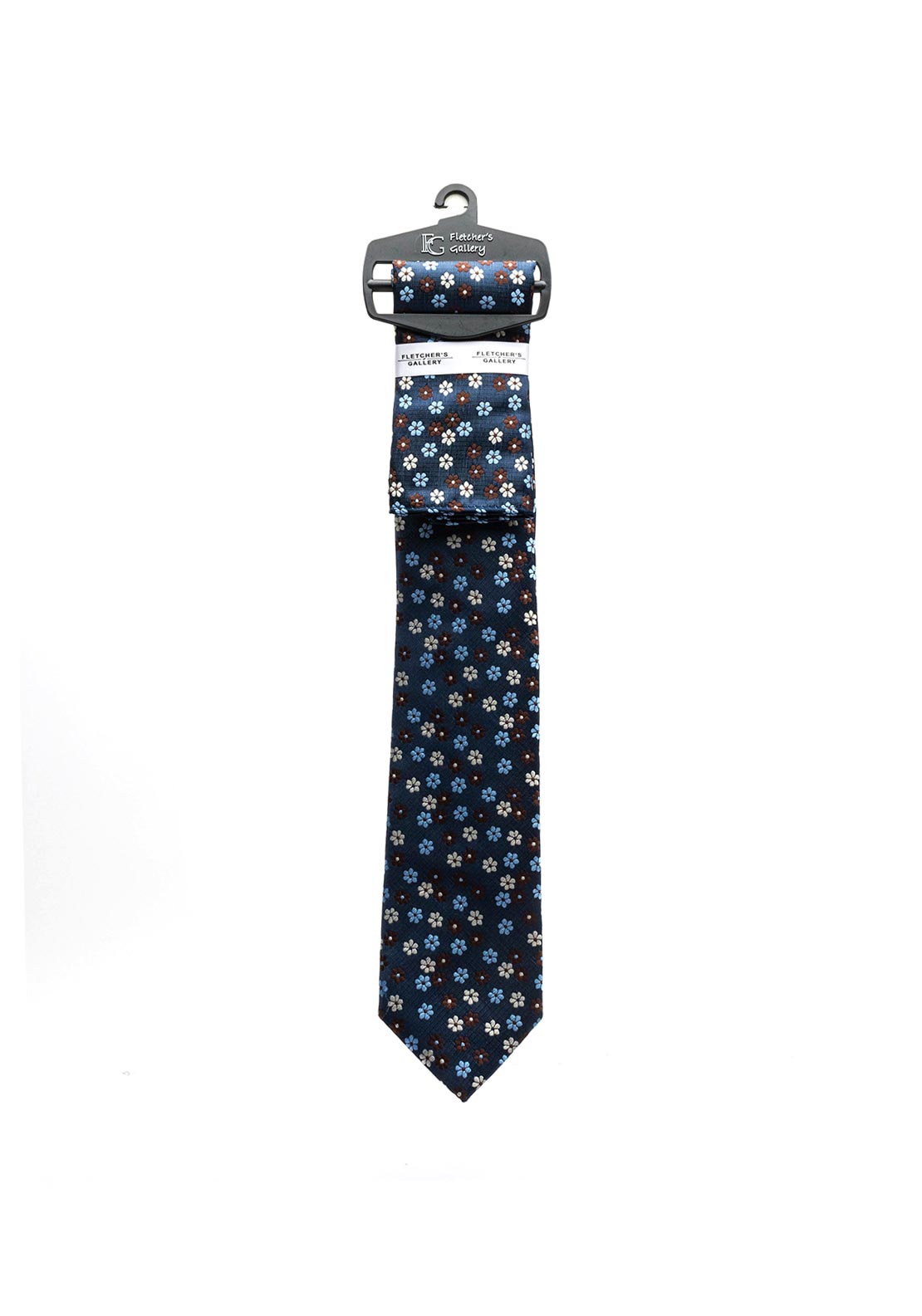 Fletcher’s Gallery Geo Floral Print Tie & Pocket Square Set, Brown & Navy