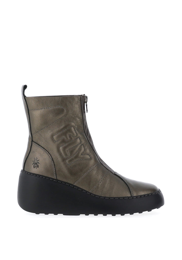 Fly London Zip Front Wedge Boots, Metallic Khaki - McElhinneys