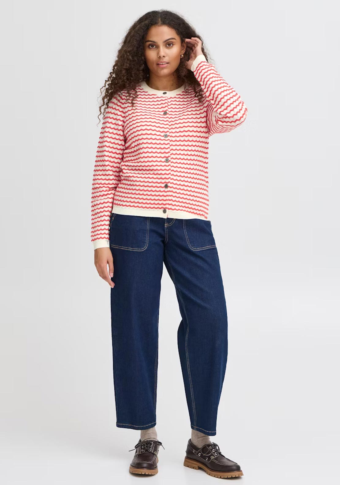 Fransa Luma Wavy Knit Cardigan, Red