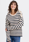 Fransa Belinda Button Details Striped Knit Jumper, Navy and Beige