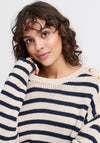 Fransa Belinda Button Details Striped Knit Jumper, Navy and Beige