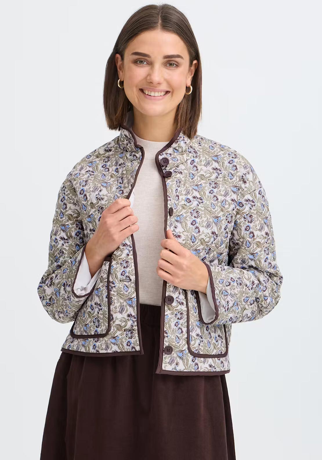 Fransa Claudine Floral Quilted Jacket, Green Multi