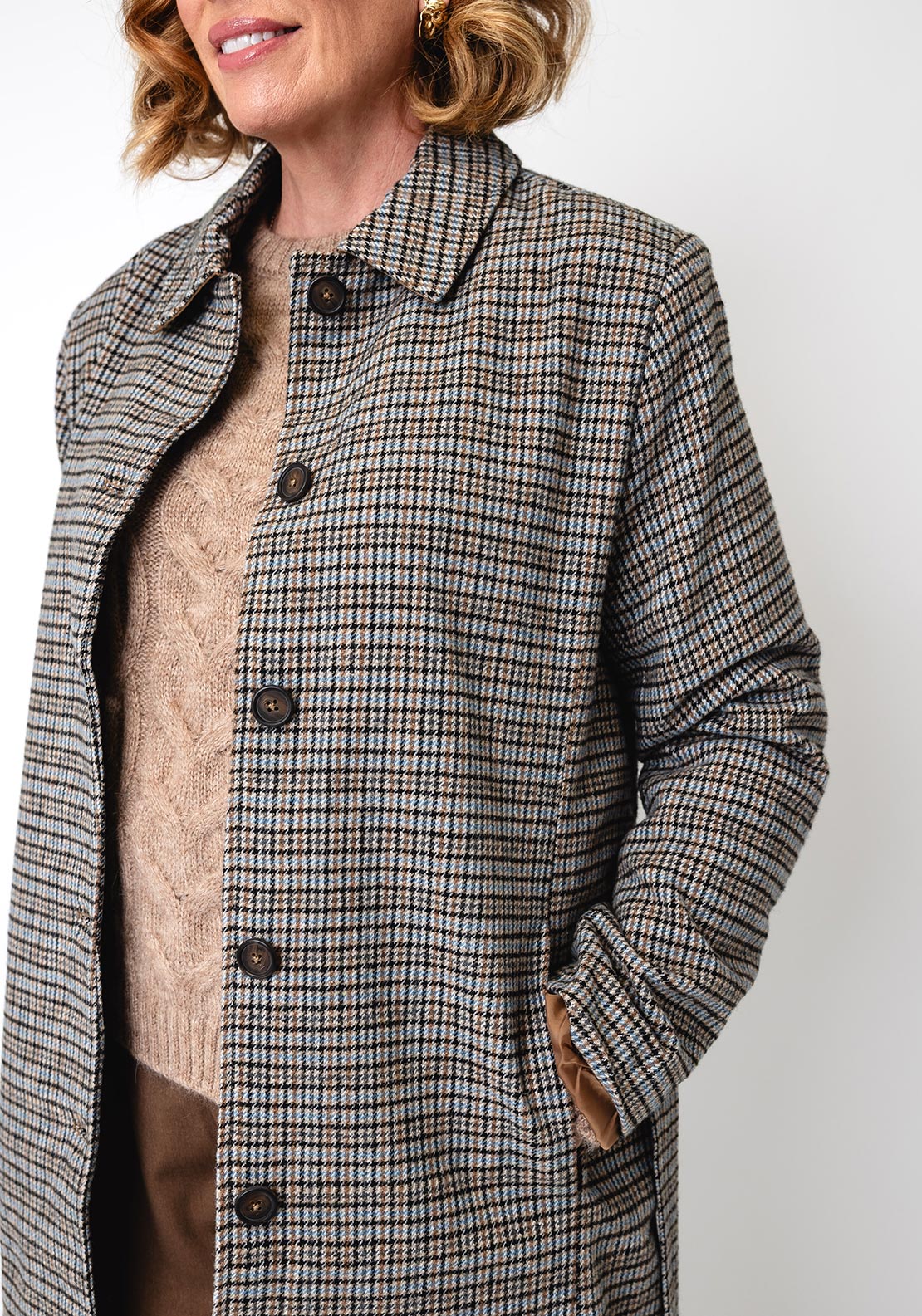 Fransa Checked Longline Wool-blend Coat, Beige Multi