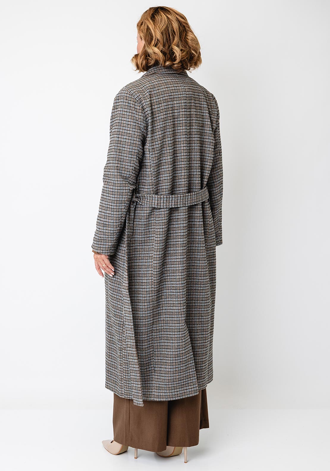 Fransa Checked Longline Wool-blend Coat, Beige Multi