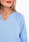 Fransa Maddie Split Neck Linen Blouse, Blue