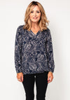 Fransa Kiki Leaf Print V Neck Top, Navy