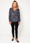 Fransa Kiki Leaf Print V Neck Top, Navy