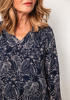 Fransa Kiki Leaf Print V Neck Top, Navy