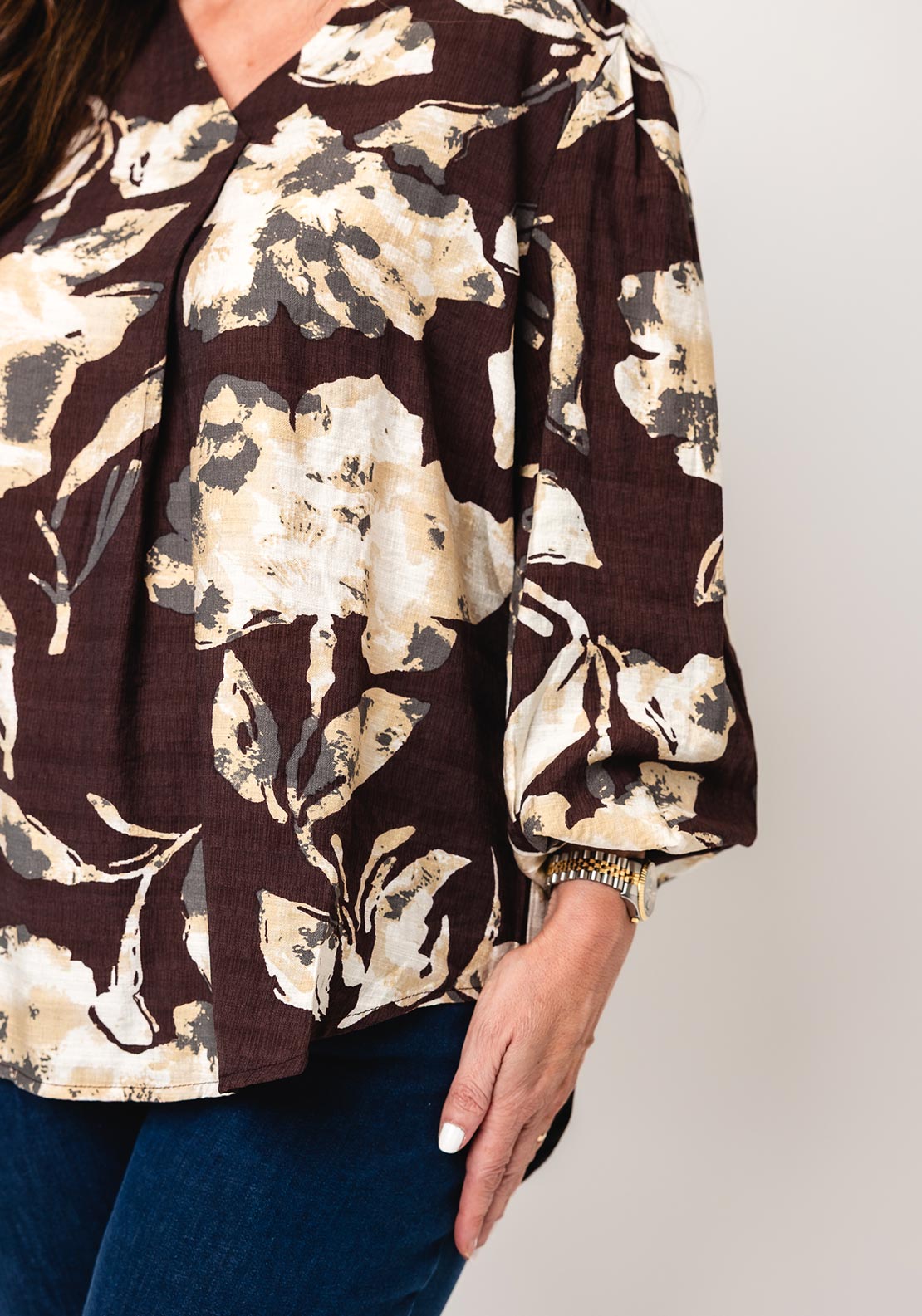 Fransa Ariana Floral V-Neck Slim Fit Top, Brown