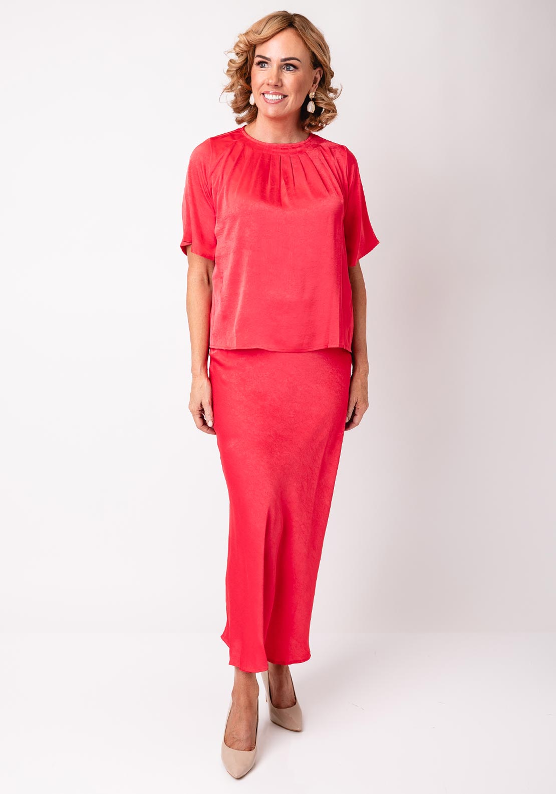 Fransa Nika Pleated Satin Feel Blouse, Red