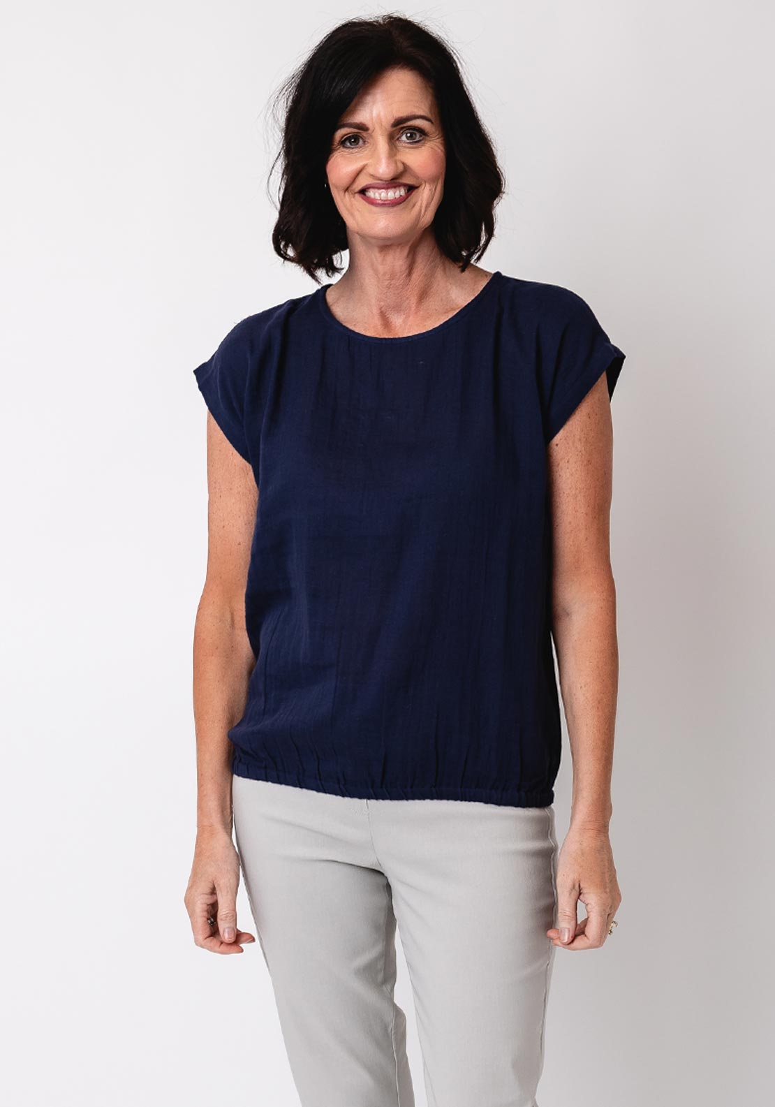 Fransa Cotton Manua Elastic Trim Top, Navy