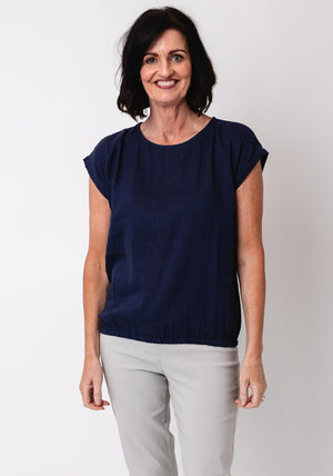 Fransa Cotton Manua Elastic Trim Top, Navy