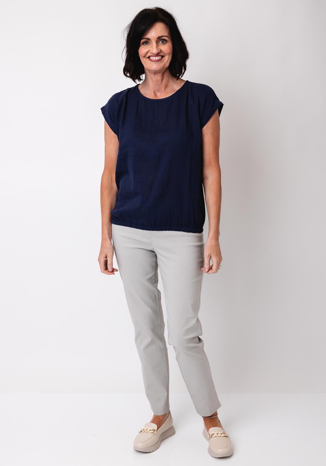Fransa Cotton Manua Elastic Trim Top, Navy