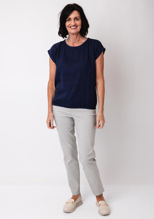 Fransa Cotton Manua Elastic Trim Top, Navy