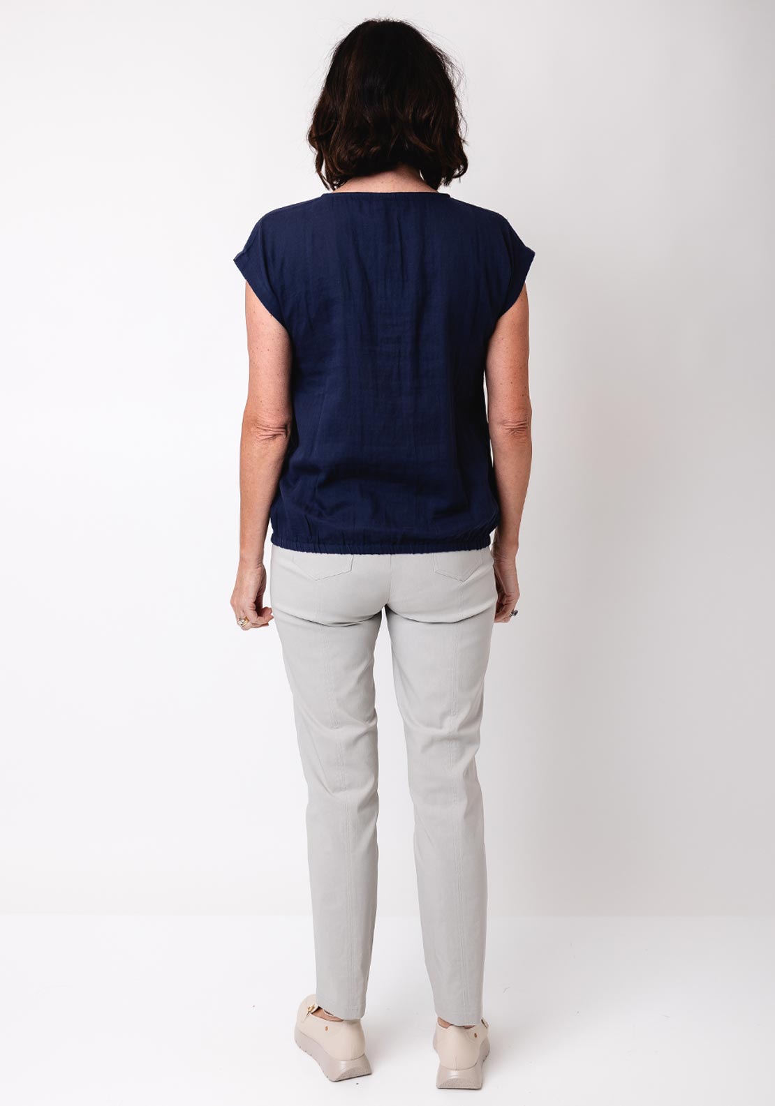 Fransa Cotton Manua Elastic Trim Top, Navy