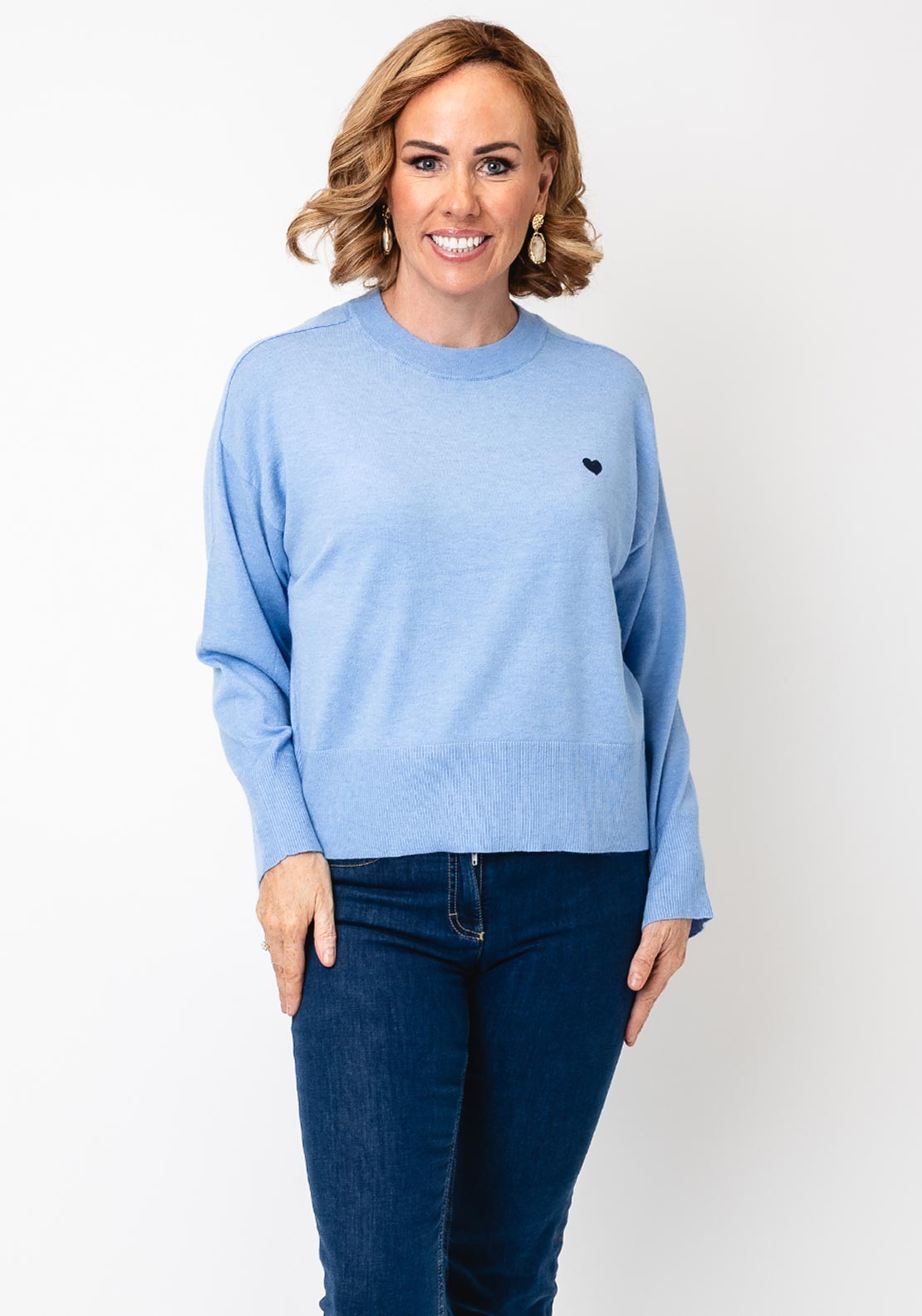 Fransa Heart Embroidered Fine Knit Jumper, Blue