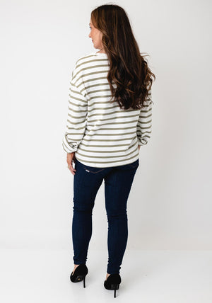 Fransa Bree Striped Long Sleeve Top, White and Green