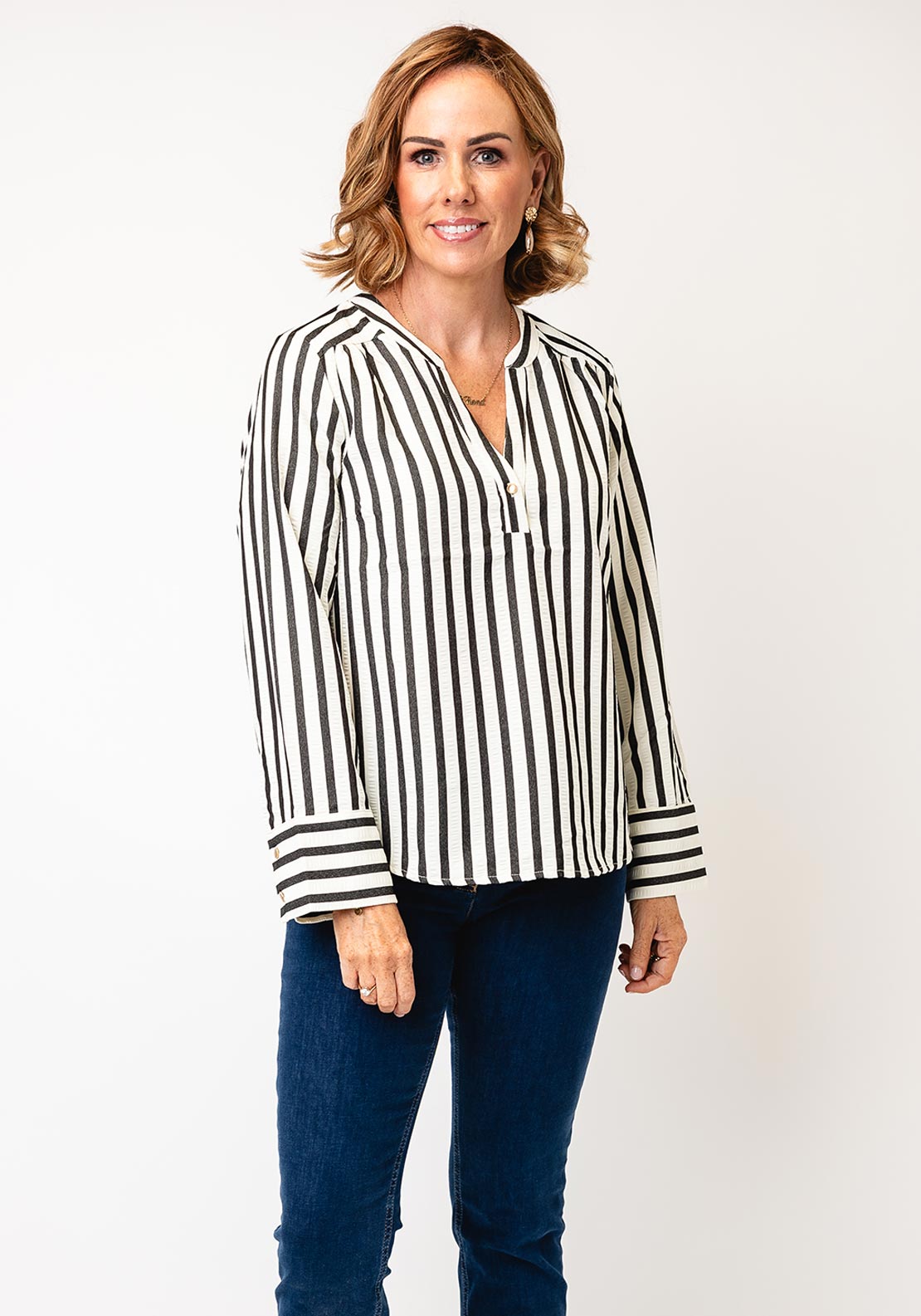 FreeQuent Striped V-Neck Blouse, Cream