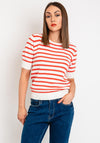 Freequent Dodo Striped Short Sleeve Knit Sweater, Hot Coral
