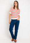 Freequent Dodo Striped Short Sleeve Knit Sweater, Hot Coral