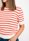 Freequent Dodo Striped Short Sleeve Knit Sweater, Hot Coral
