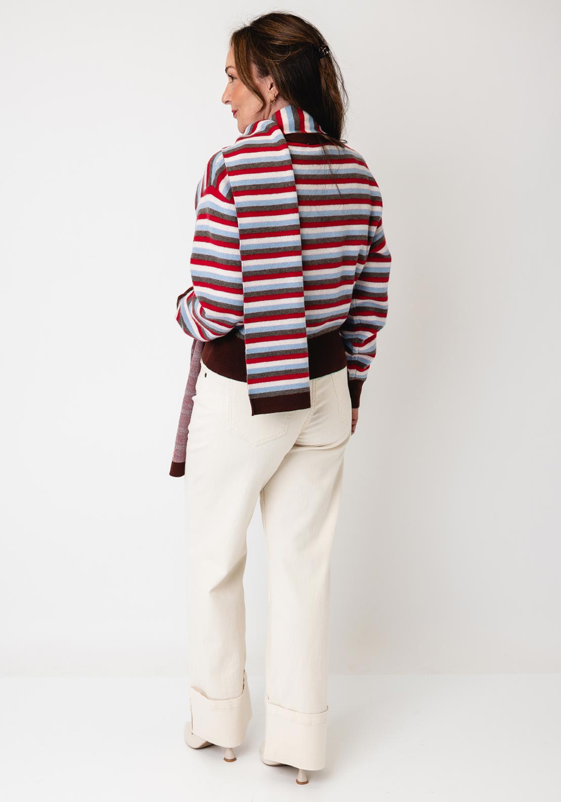FRNCH Striped Button Up with Scarf Cardigan, Multi-Coloured