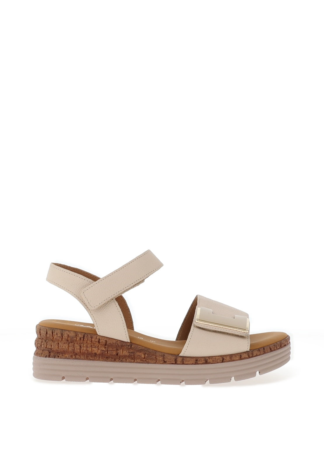 Gabor Wide Fit Leather Cork Effect Low Wedge Sandals, Beige