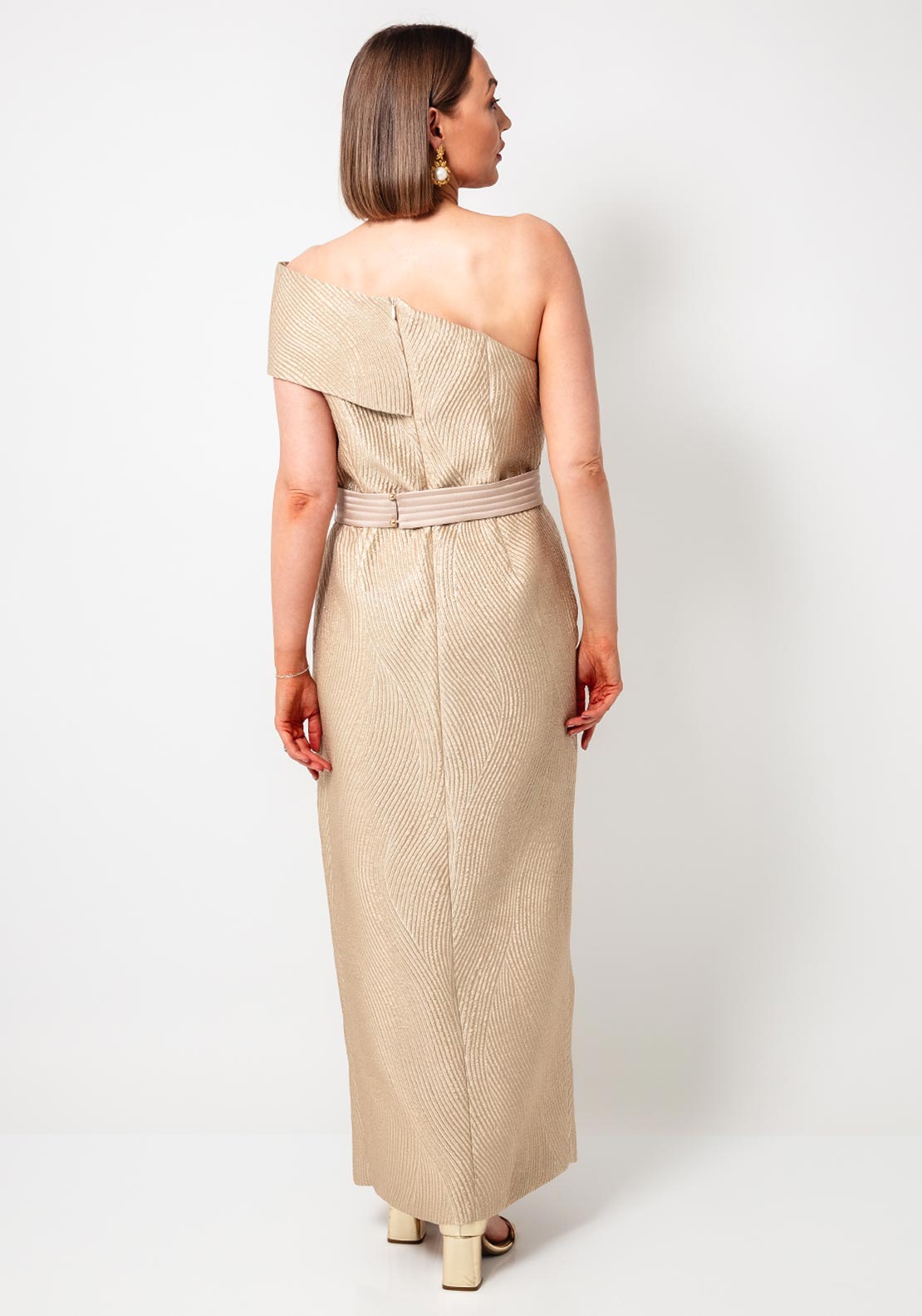Giorgia Jo Lurex Textured One Sleeve Pencil Dress, Gold - McElhinneys Giorgia Jo Lurex Textured One Sleeve Pencil Dress, Gold - McElhinneys