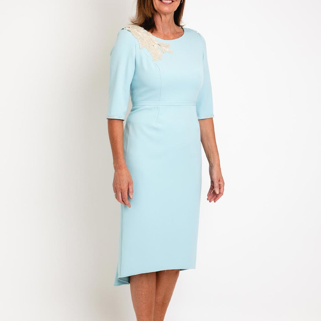 Gabriela Sanchez Floral Applique Shoulder Dress, Aqua Blue