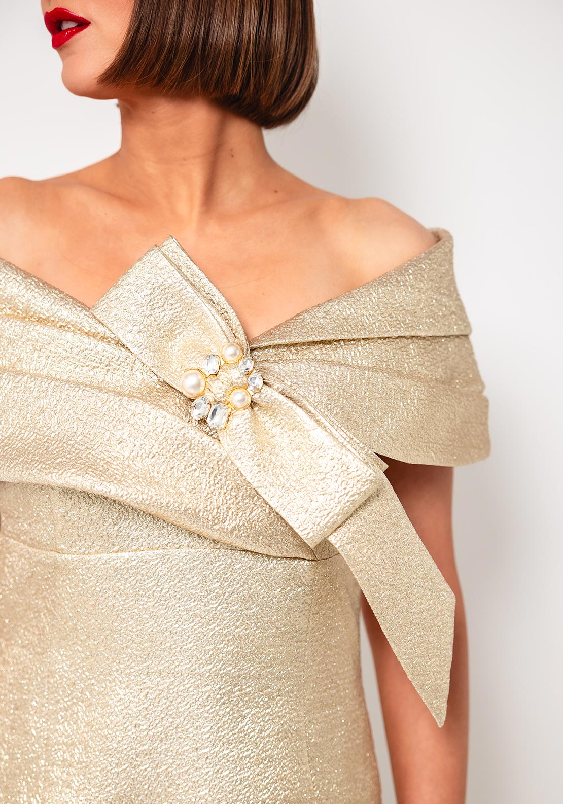 Gabriella Sanchez Metallic Bow Bardot Pencil Dress, Gold Gabriella Sanchez Metallic Bow Bardot Pencil Dress, Gold