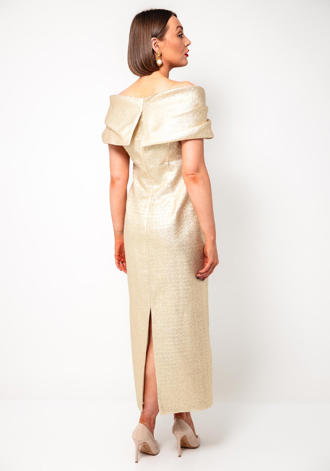 gabriela sanchez gold dress Gabriela Sanchez 5564 Ivory Dress With Gold Bardot Bow Detail