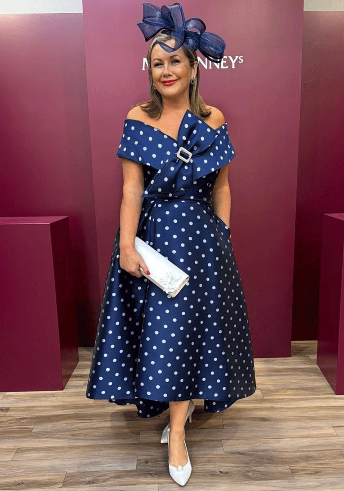 Gabriella Sanchez Polka Dot Bardot Flared Dress, Navy - McElhinneys