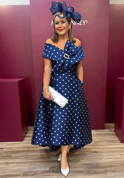Gabriella Sanchez Polka Dot Bardot Flared Dress, Navy