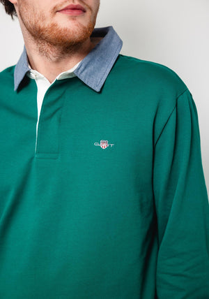 Gant Chambray Heavy Rugger Polo Shirt, Deep Green