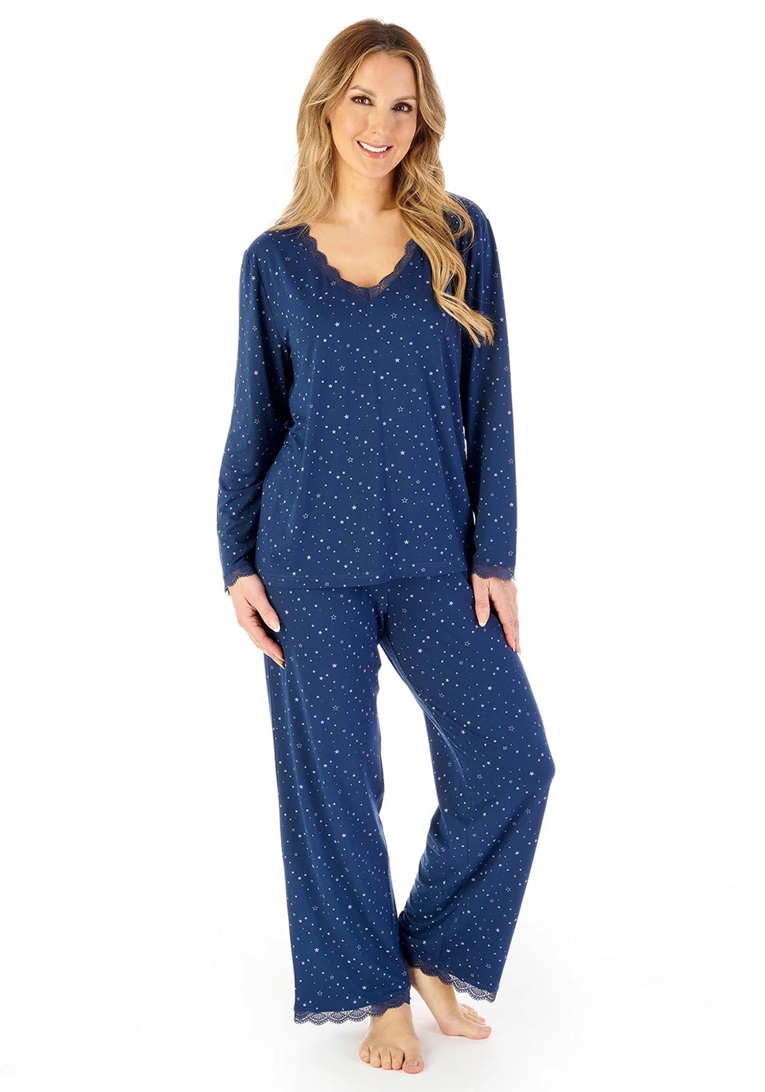 Gaspe Star Print Long Sleeve Pyjama Set, Navy